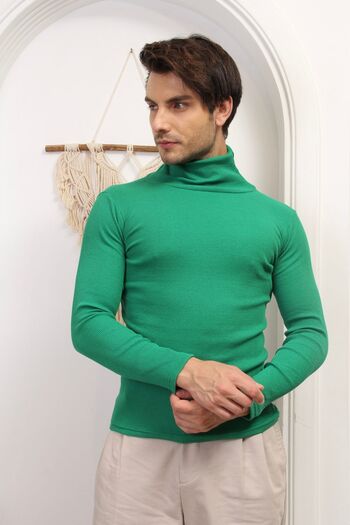 CATSPY Men's Green Turtleneck Knitwear Lycra Sweater