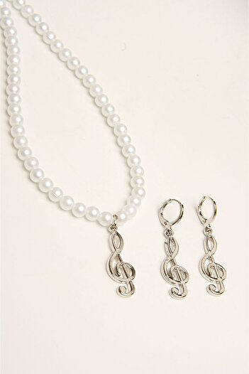 EUROMODA Pearl Detailed Left Key Necklace and Earring Jewelry Set