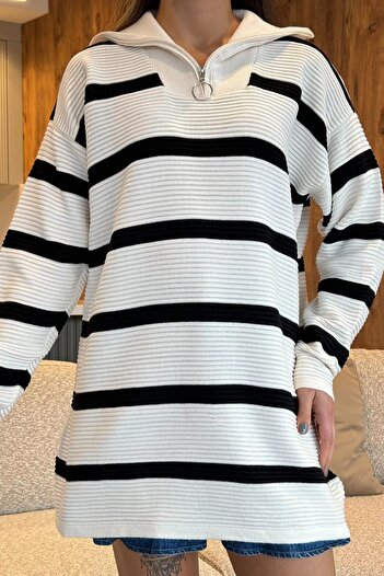 GÜLSELİ Striped Creamy Black Half Zipper Knitwear Tunic