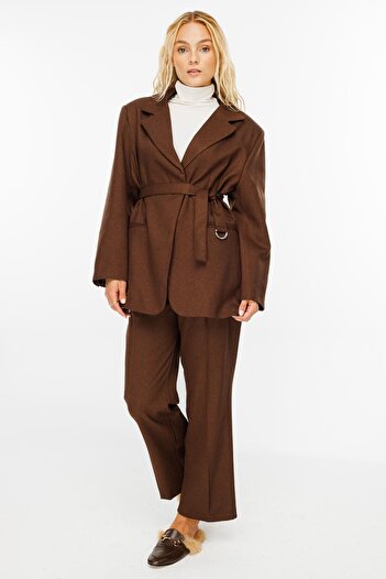 Hooopstore Brown Premium Blazer Jacket - Belt Detailed