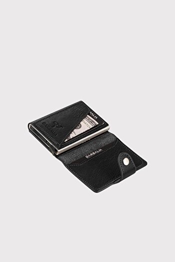 Garbalia Bern Natural Black Genuine Leather Thin Card Holder Mechanism Wallet