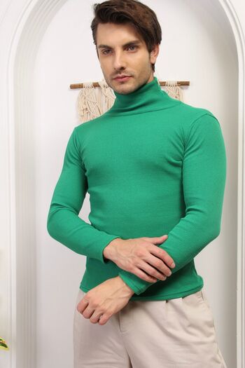 CATSPY Men's Green Turtleneck Knitwear Lycra Sweater