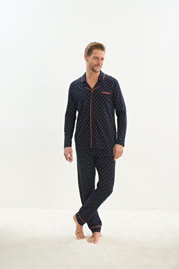 Sevim Σετ ανδρικές πιτζάμες Navy Blue - Μακρύ μανίκι, γιακάς πουκάμισου, μπροστινό κουμπί C4T1N4O9