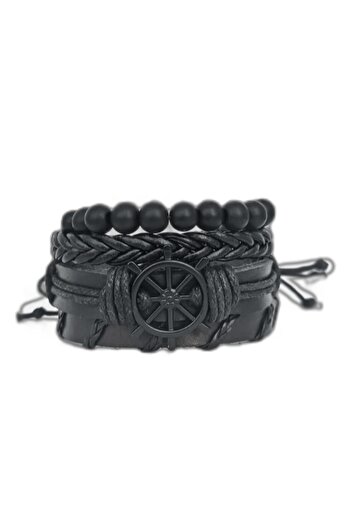 BSN Store Black Rudder Figured 4-Piece Genuine Leather Bracelet