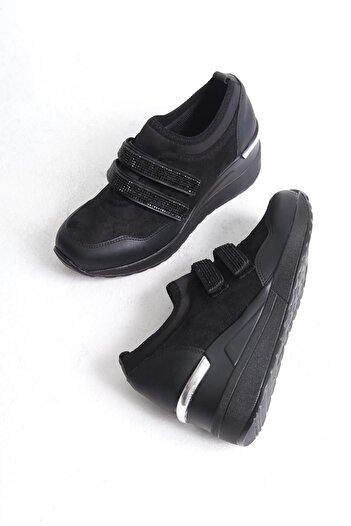 Modabuymus Stonestar Black Stoned Velcro Sneaker - Wedge Heel Sports Shoes