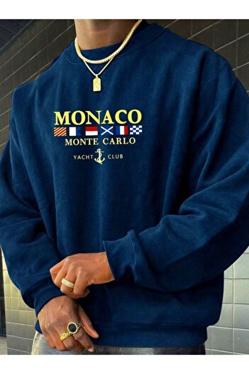 Altamira Мъжки суитшърт с кръгло деколте и щампа Monaco в петролно син цвят