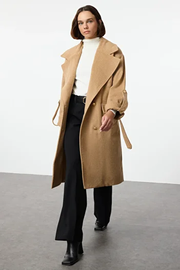 Trendyol Collection Camel Regular Belted Sleeves Foldable Wool Trench Coat Twoaw25Kb00044