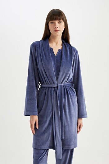 DeFacto Be in Love Wrap Collar Velur Dressing Gown - Long Sleeve C5434Ax24Au