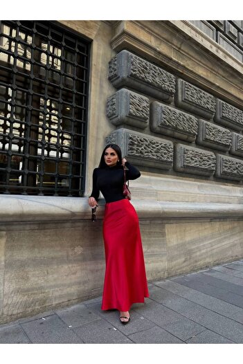 LB Laluna Butik Women's Red Long Satin Skirt
