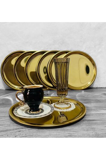 AHİR TİCARET 6-Piece Stainless Steel Round Tray - 21 cm Tea, Coffee, Cake Serving