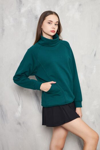 KİM Kİ O Petrol Green Women's Sweatshirt - Comfortable Collar, Lace-Up Pocket, 3 Thread No Ribbon