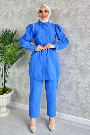 julude Stone Embroidered Shoulders - Women's Hijab Double Set, Sax Blue