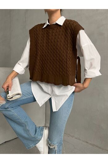 BEJNA Brown Hair Braided Knitwear Sweater - Side Tie