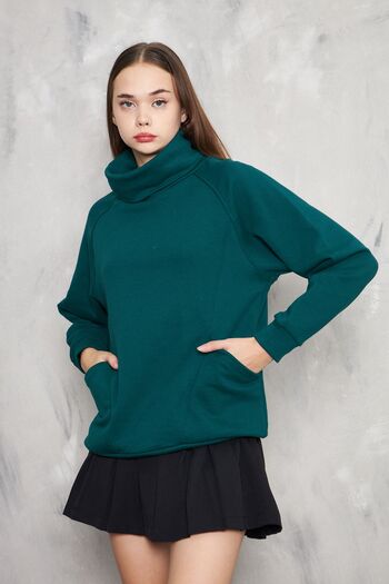 KİM Kİ O Petrol Green Women's Sweatshirt - Comfortable Collar, Lace-Up Pocket, 3 Thread No Ribbon