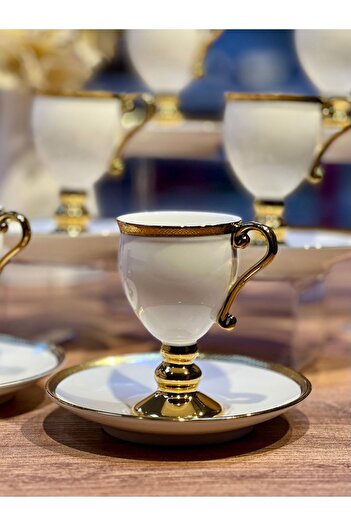 ACAR 6-Piece Prune Plain Cream Gold Footed Turkish Coffee Cup Set