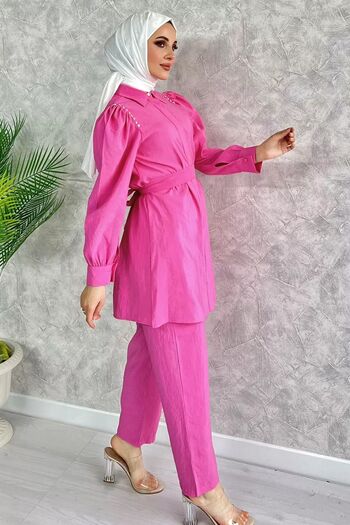 julude Stone Embroidered Pink Shouldered Women's Hijab Set