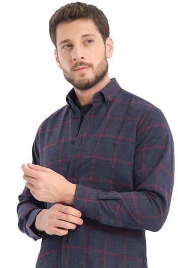 Varetta Ανδρικό πουκάμισο Navy Blue Checked Wool Wide Cut με τσέπες - Winter Original