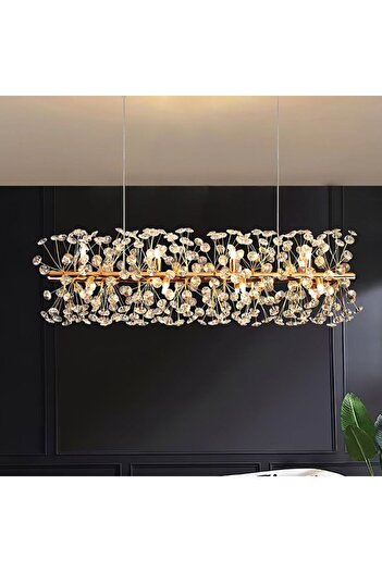 burenze Luxury Collection Modern Sarkıt Kristal Taşlı Avize Yemek Masası Elips Gold Sarı 100 Cm