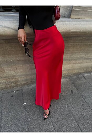 LB Laluna Butik Women's Red Long Satin Skirt