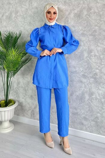 julude Stone Embroidered Shoulders - Women's Hijab Double Set, Sax Blue