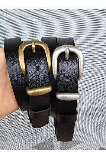 Kemerix Black Genuine Leather 2-Piece Belt Set - Tin and Antique Coated Buckle