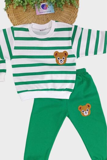 dinamik çocuk 1-9 Years Unisex Kids Set - Teddy Bear Embroidery, 2 Thread Raster, Side Striped Seasonal Bottom and Top Set