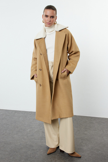 Trendyol Collection Plush Detailed Collared Camel Wool Coat - Twoaw25Kb00078