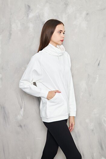 KİM Kİ O Ecru Women's Sweatshirt - Comfortable Collar, Lace-Up Pocket, 3 Thread No Ribbon