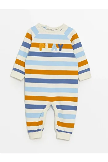 LC Waikiki Cream Striped Crew Neck Color Block Baby Boy Jumpsuit