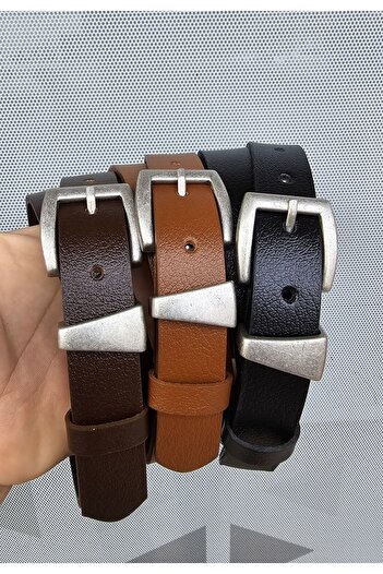 Kemerix Black-Tan-Bitter Brown 3-Piece 100% Genuine Leather Belt Set - Tin Coating and Buckle Detailed