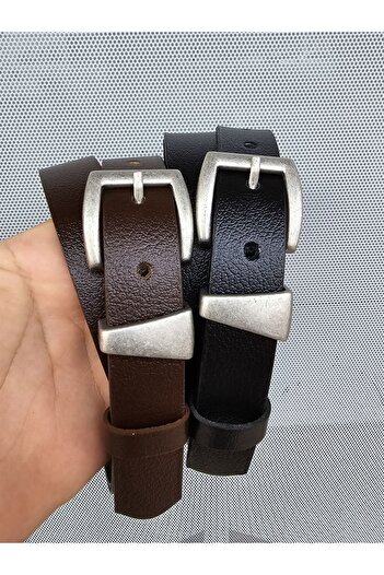 Kemerix 100% Genuine Leather Tin Finish Buckle Black-Bitter Brown 2-Piece Belt Set