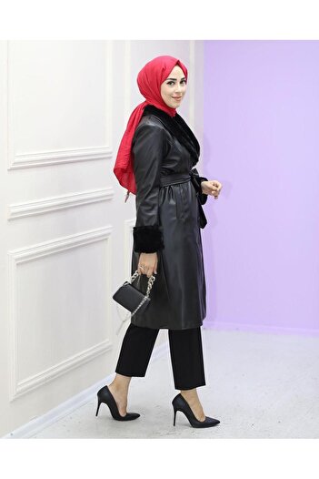 HARMAN BUTİK Women's Leather Trench Coat - Lined Design