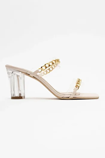 Ccway Chained Transparent Banded Women's Heeled Slippers - TEN SKIN