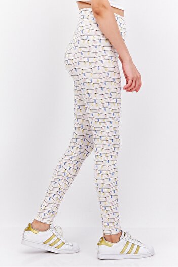Monki Women Allover Print Pull-On Leggings, Cream Combo