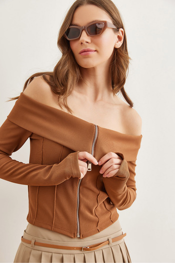 Olalook Corded Brown Madonna Blouse - Zippered and Stitching Detail Blz- 19002744