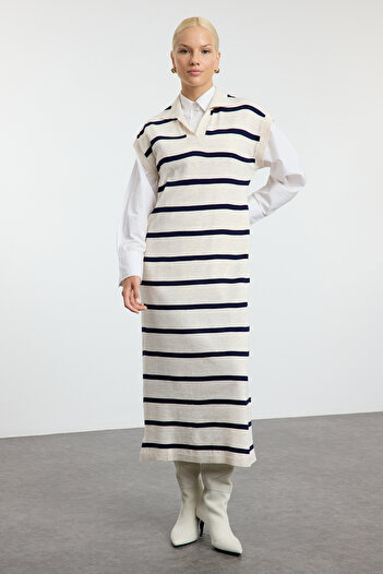Trendyol Modest Stone Striped Long Polo Collar Knitwear Sweater Tctaw25Uv00017