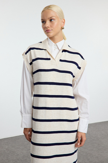 Trendyol Modest Stone Striped Long Polo Collar Knitwear Sweater Tctaw25Uv00017