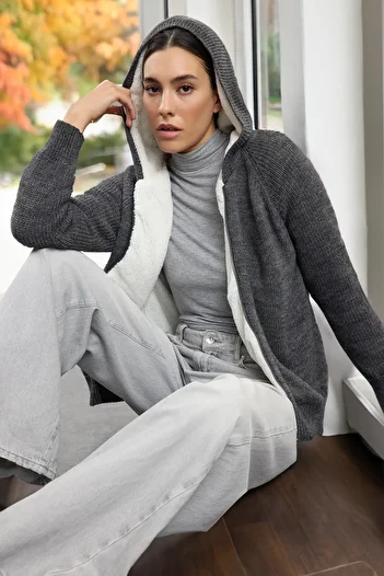 Trendyol Collection Anthracite Zippered Hooded Sweater Cardigan - Twoaw25Hi00192