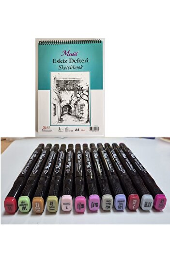 Masis A5 Drawing Notebook + Double-Ended Graphic Drawing Marker 12 Pcs Cool Colors 5