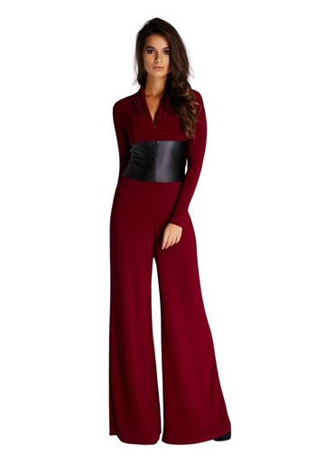 Laranor Claret Red Collar Leather Jumpsuit - Zippered and Detailed, Day and Night Elegance 15L4557