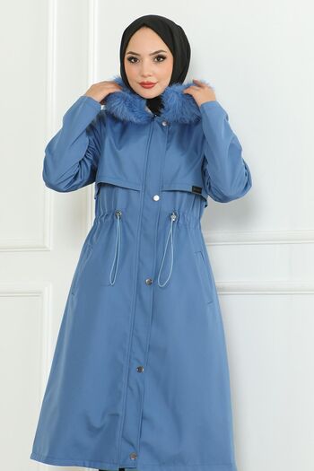 Modamihram Blue Hooded Coat - Hidden Zipper, Model 19211