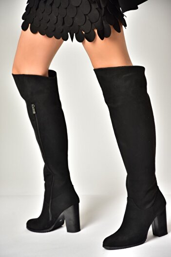 Fox Shoes A 654018002   - Ghete de damă cu toc gros din piele intoarsa neagra
