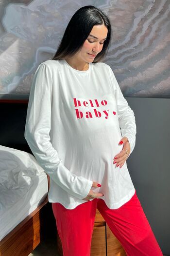 For You Mama Hello Baby Printed Maternity Long Sleeve Ecru Pajama Set