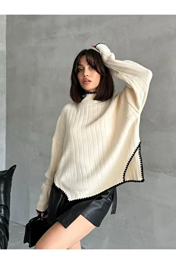 Elysira Pulover de damă din tricotaje cu fante laterale cu detaliu de broderie