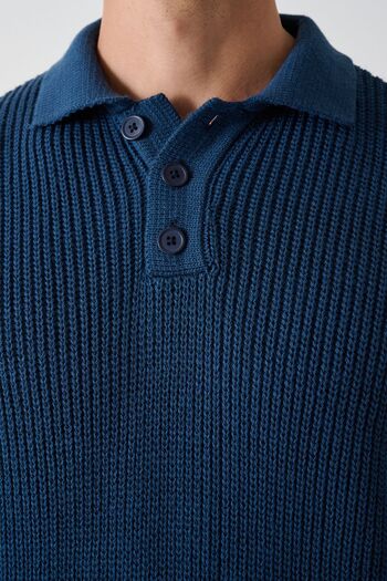 İLKCET MODA Collared Three Button Indigo Ribbed Oversize Sweater
