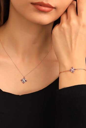 Karem Jewellery Amethyst Stone Flower of Hope Necklace Bracelet Set Women
