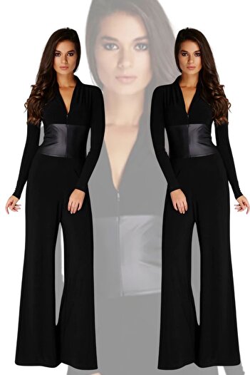 Laranor Black Leather Jumpsuit - Collar Detail, Front Zipper, Day and Night Elegance 15L4557