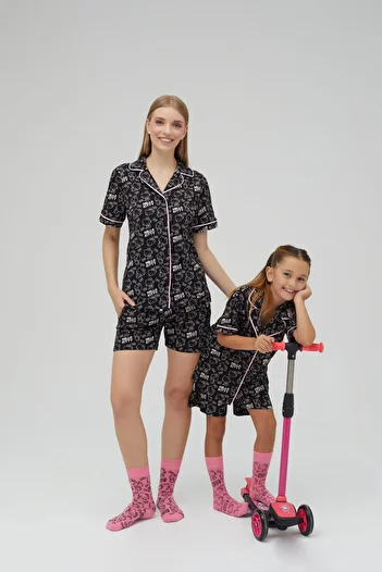 Hello Kitty 100% Cotton Pajamas Set with Black Shorts - Button, Short Sleeve Licensed Roz-250
