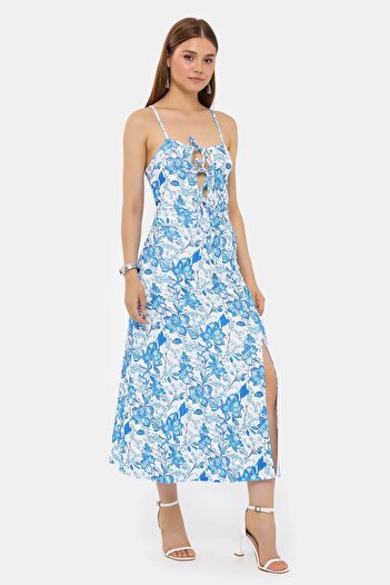 Hiccup Floral Patterned Fabric Midi Lace up Dress