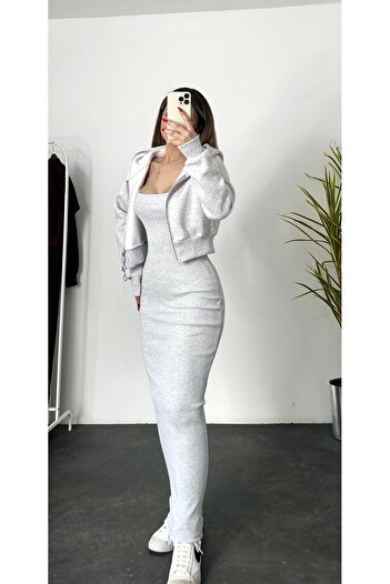 nona butik Hırkalı Elbise Takım -Gri Melanj